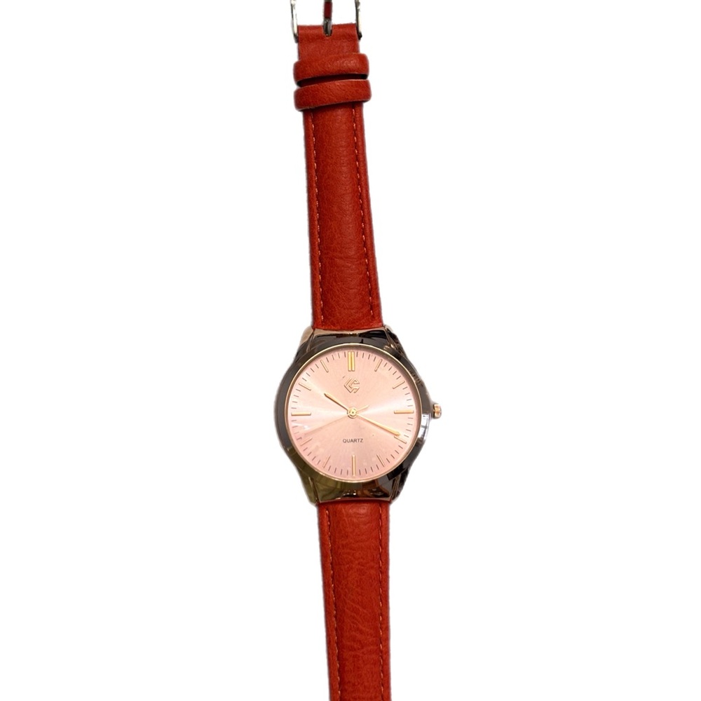 Rose Gold Dial Watch with Bright Red Orange Leather Strap - Picture 4 of 6